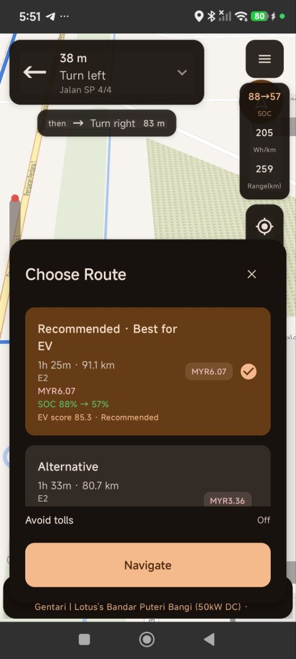 Choosing an EV-scored route on a phone